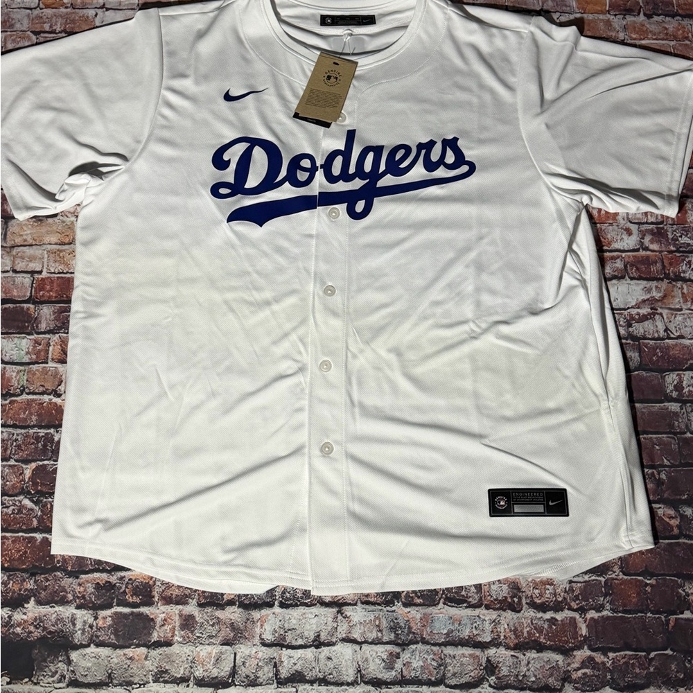 Nike White Dodgers Script Baseball Jersey with Blue Logo